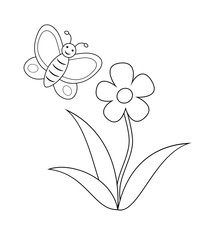 Flower with butterfly, coloring book page. Vector outline illustration.