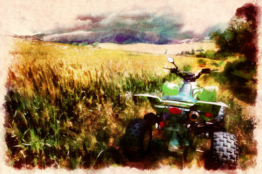 Green Quad in landscape. Computer painting effect.