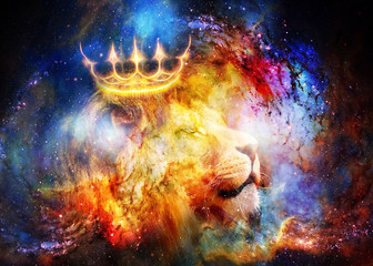 lion king in cosmic space. Lion on cosmic background. © jozefklopacka