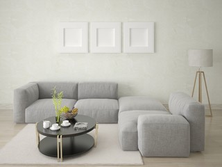  Mock up light living room with a gray corner sofa and decorative plaster background.