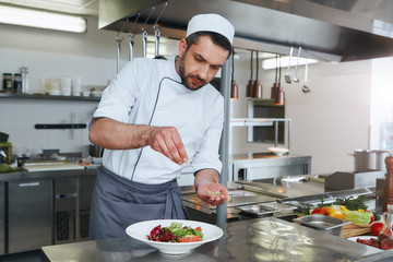 Chase the flavors. Сook preparing dish for serving. Modern commercial kitchen