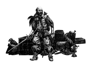 Fototapeta premium Pirate with the treasure. Mercenary with prey. Book illustration.