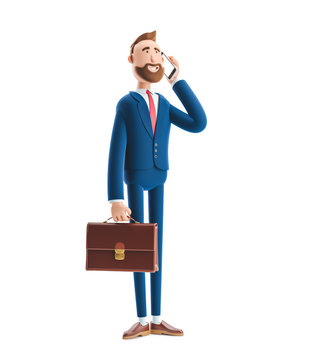 3d illustration.Businessman Billy with a case talking on phone.