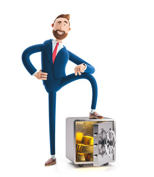 3d illustration. Businessman Billy with safe and gold.