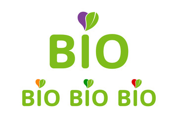 Flat colorful Bio logo emblem vector set, heart with green organic leave. Natural sticker pack in colors. Bio badges for web, print branding identity. Organic food sign. Natural typography template