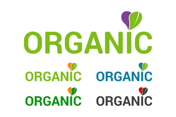 Fototapeta premium Flat colorful Organic logo emblem vector set, heart with green organic leave. Eco sticker pack in colors. Bio badges for web, print branding identity. Organic food sign. Natural typography template