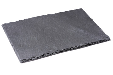 Square slate tray, white background. Dark gray slate plate over white background. Kitchen stone tray for food above white background.