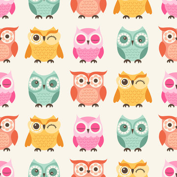 seamless cute cartoon owls birds pattern background - Vector