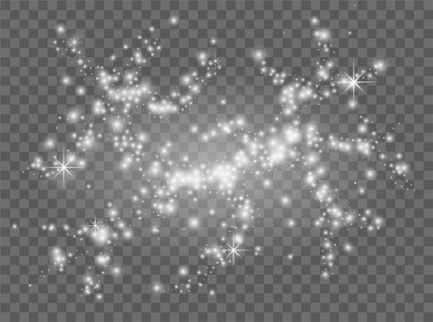 White sparks and stars. Shine with light. Vector.Dust white. Sparkles with transparent background. Christmas abstract pattern. Sparkling magic Dust Particles.