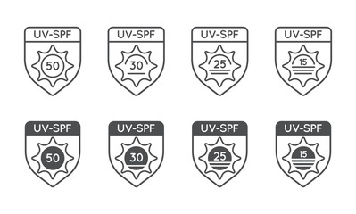 Set of Sun Protection UV Index, SPF 50, SPF 30, 25, 15 Vector Icons Collection.