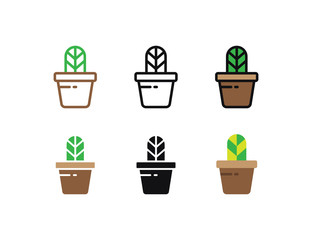 Fototapeta premium Set floral plants and blooming cactus in pots isolated with line, flat and glyph icon styles on white background. vector illustration