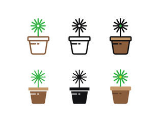 Set floral plants and blooming cactus in pots isolated with line, flat and glyph icon styles on white background. vector illustration
