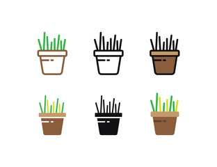 Set floral plants and blooming cactus in pots isolated with line, flat and glyph icon styles on white background. vector illustration