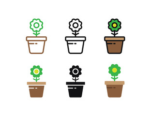 Set floral plants and blooming cactus in pots isolated with line, flat and glyph icon styles on white background. vector illustration