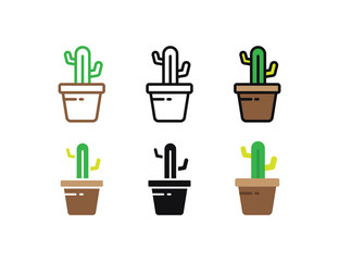 Set floral plants and blooming cactus in pots isolated with line, flat and glyph icon styles on white background. vector illustration