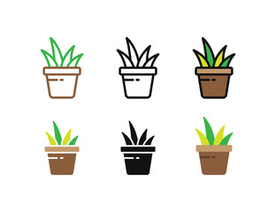 Set floral plants and blooming cactus in pots isolated with line, flat and glyph icon styles on white background. vector illustration