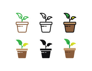 Set floral plants and blooming cactus in pots isolated with line, flat and glyph icon styles on white background. vector illustration