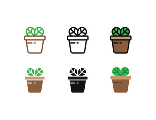 Set floral plants and blooming cactus in pots isolated with line, flat and glyph icon styles on white background. vector illustration