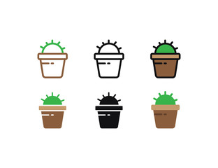 Set floral plants and blooming cactus in pots isolated with line, flat and glyph icon styles on white background. vector illustration