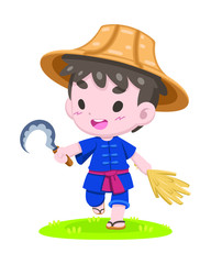 Cute cartoon style Thai farmer with sickle and ear of paddy walking relaxedly illustration