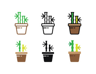 Obraz premium Set floral plants and blooming cactus in pots isolated with line, flat and glyph icon styles on white background. vector illustration