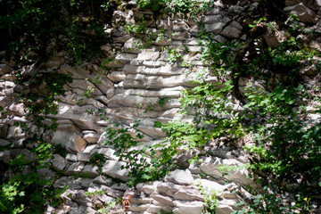 Textured slate stone with weathered rows close-up in the open air. Sedimentary rock. Geological layers of the Caucasus Mountains.
