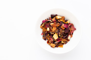 Herbal tea on a white background. Top view.