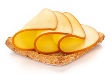 Sandwich with lettuce, cheese on white background.