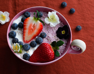 chiapudding with strawberries, blueberries and flowers