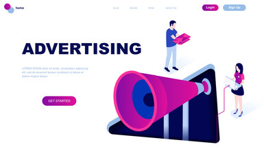 Modern flat design isometric concept of Advertising and Promotion decorated people character for website and mobile website development. Isometric landing page template. Vector illustration.