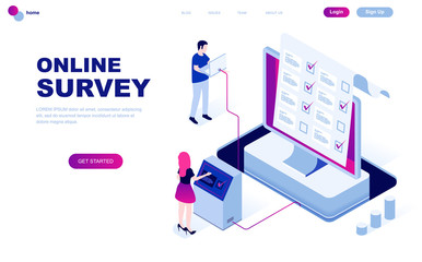 Fototapeta premium Modern flat design isometric concept of Online Survey decorated people character for website and mobile website development. Isometric landing page template. Vector illustration.