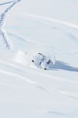 Fototapeta na wymiar A snowboarder falling into deep snow at the ski resort in a sunny morning