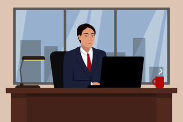 Asian man sitting at table and working in office. Vector illustration.