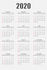 Calendar for 2020 on white background. Vector illustration.