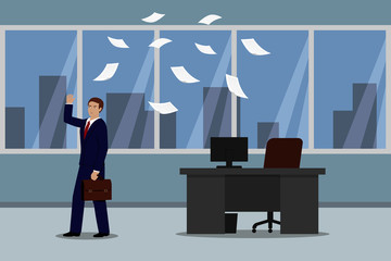 Angry businessman leaving his office and throwing documents. Vector illustration.
