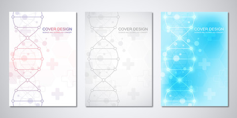 Vector template for cover or brochure, with molecules background and DNA strand. Medical or scientific and technological concept.