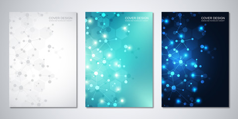 Vector templates for cover or brochure, with molecules background and neural network. Abstract geometric background of connected lines and dots. Science and technology concept.