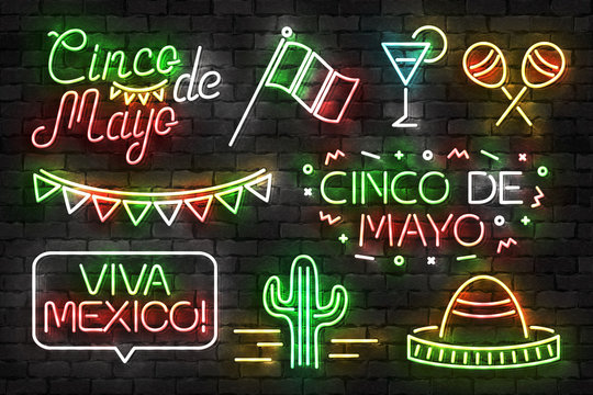 Vector Set Of Realistic Isolated Neon Sign Of Cinco De Mayo Logo For Template Decoration And Invitation Covering On The Wall Background. Concept Of Viva Mexico.