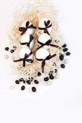 easter chocolate eggs box brown drawer wooden white straw splints yellow dutch bow ribbon holland