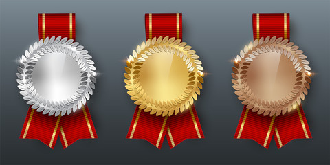Award golden, silver and bronze medals with ribbons 3d realistic vector color illustration on gray background