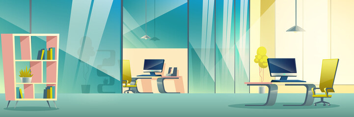 Modern company spacious office interior cartoon vector. Boss, business team leader or manager workplace with glass partition or wall, computer on desk, comfortable armchair and bookshelf illustration