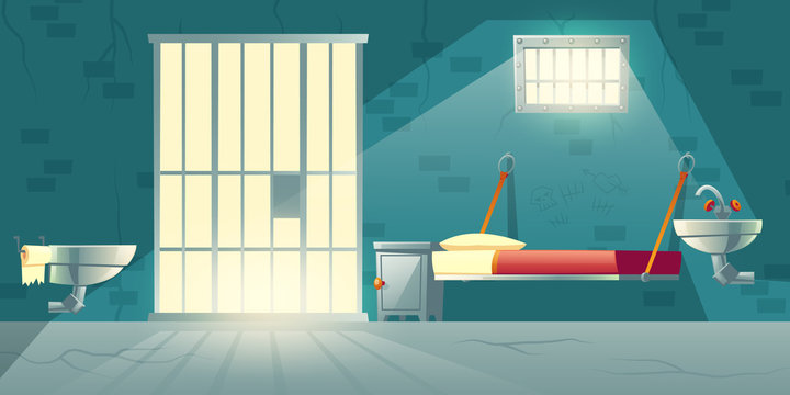 Dark prison cell interior cartoon vector with metal bars on window, bunk bed, toilet bowl, washbasin and scratched, cracked brick walls illustration. Jail single-celling facility for dangerous prison