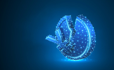 Broken Japanese Yen Coin. Neon 3d illustration. Polygonal Vector business, money, unstable finance, market crash, broken circle concept. Low poly wireframe, triangle, lines, dots. Blue background
