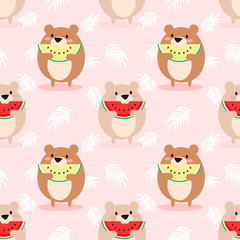 Cute bear eat watermelon seamless pattern.