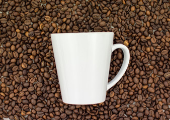 White Cup on coffee beans background