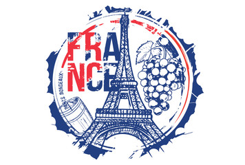 Old wood barrel and a bunch of grapes and Eiffel Tower.  Bordeaux, Paris, France city design. Hand drawn illustration.