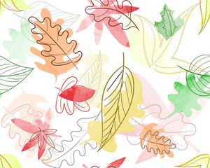 Naklejki  Bezszwowe akwarela jesień natura wzór tekstury z drzewa czerwone, żółte i zielone liście na białym tle. Tapeta sezon wektor