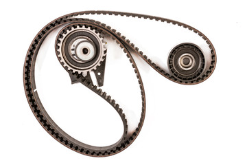 Brand new Timing Belt set isolated above white background.