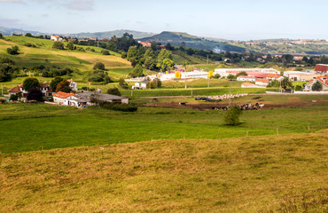 Fototapeta na wymiar Rural town in the meadows near the mountains in Asturias in the north of Spain in a sunny day