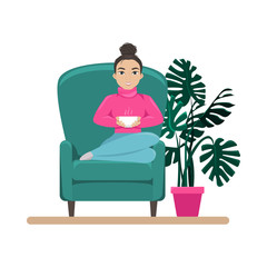 Cute woman in the armchair with a cup of coffee in her hands. Isolated vector illustration.